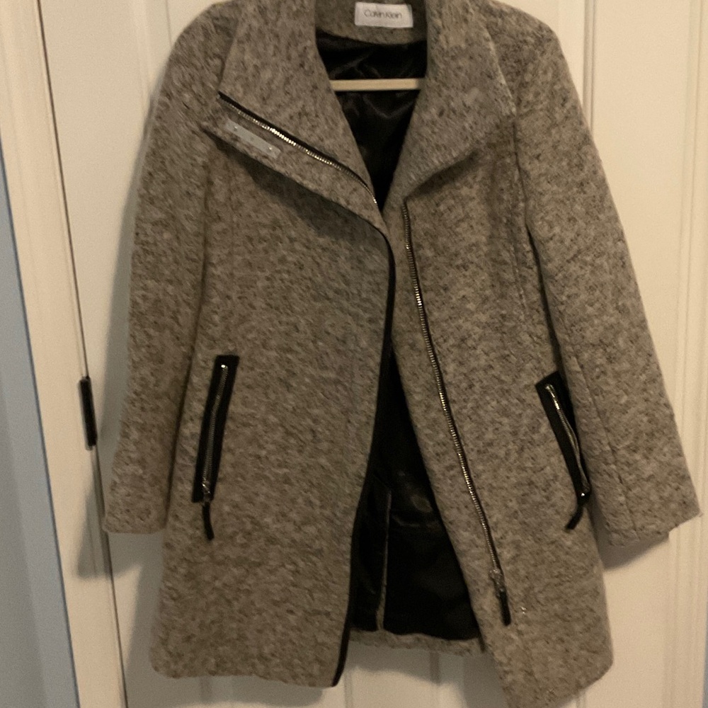 Calvin Klein Gray Wool-Blend Asymmetrical Zip Pea Coat with Black Trim